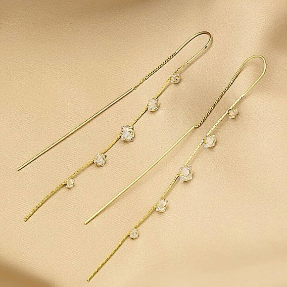 NEW GOLD CRYSTAL RHINESTONE THREADER EARRINGS - Picture 3 of 4